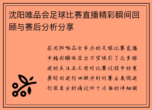 沈阳唯品会足球比赛直播精彩瞬间回顾与赛后分析分享
