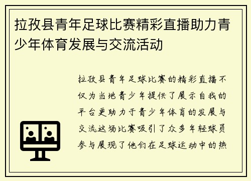 拉孜县青年足球比赛精彩直播助力青少年体育发展与交流活动
